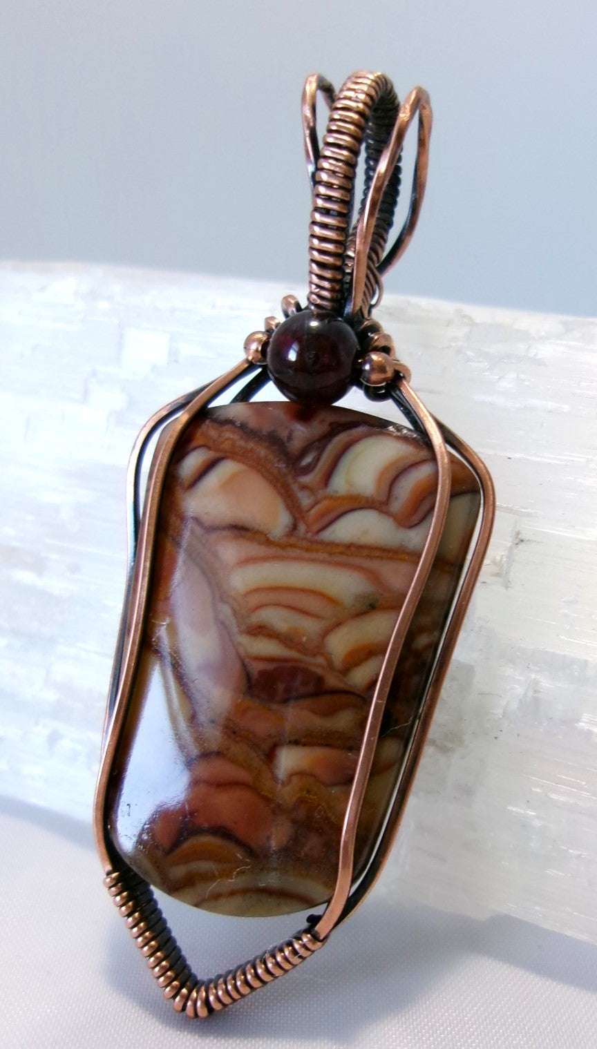 Biggs Picture Jasper gemstone copper wire wrapped crystal pendant with garnet and copper accent beads