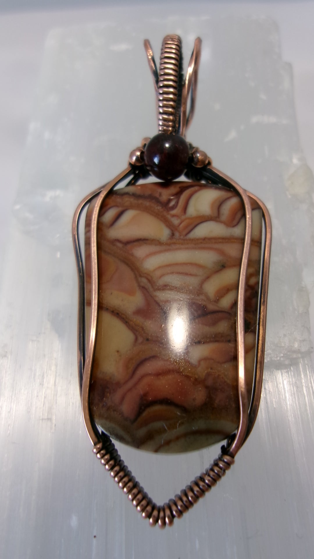 Biggs Picture Jasper gemstone copper wire wrapped crystal pendant with garnet and copper accent beads