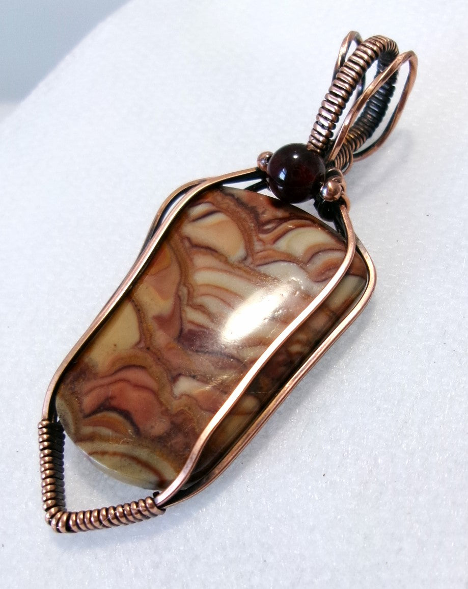 Biggs Picture Jasper gemstone copper wire wrapped crystal pendant with garnet and copper accent beads