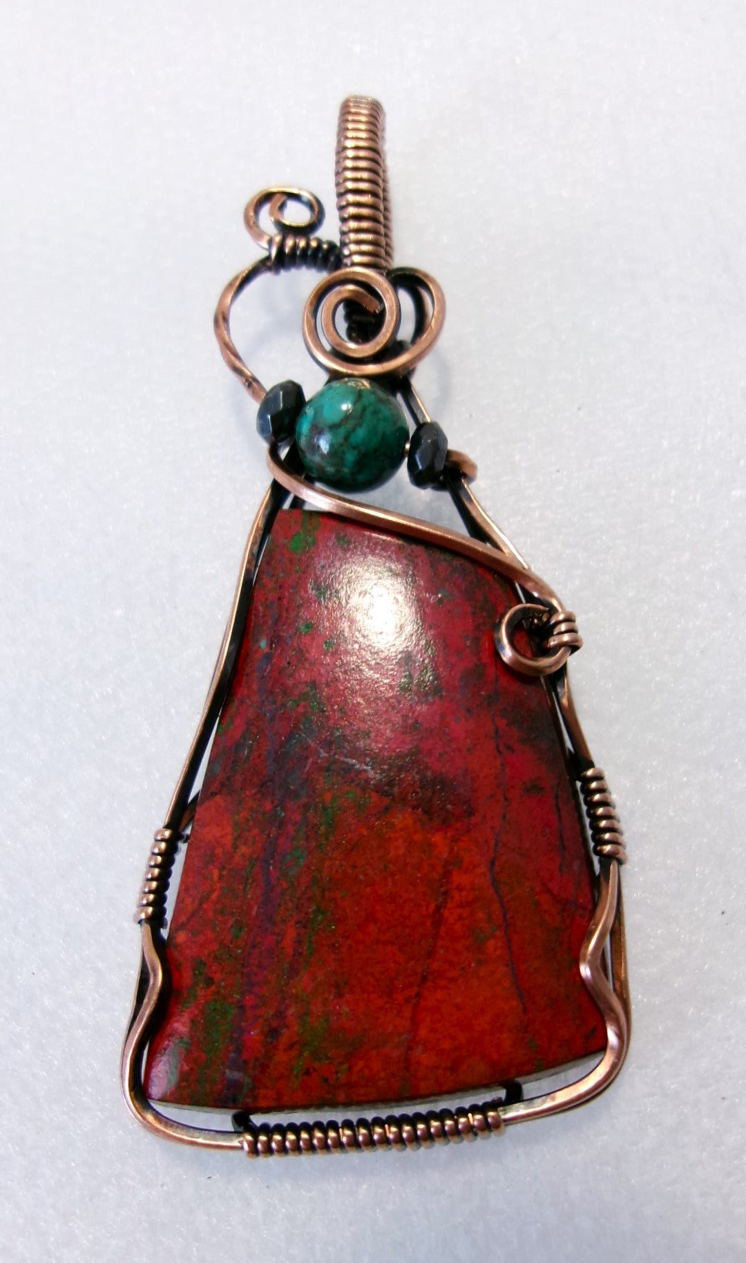Sonoran Sunrise gemstone copper wire wrapped crystal pendant with turquoise and hematite accent beads