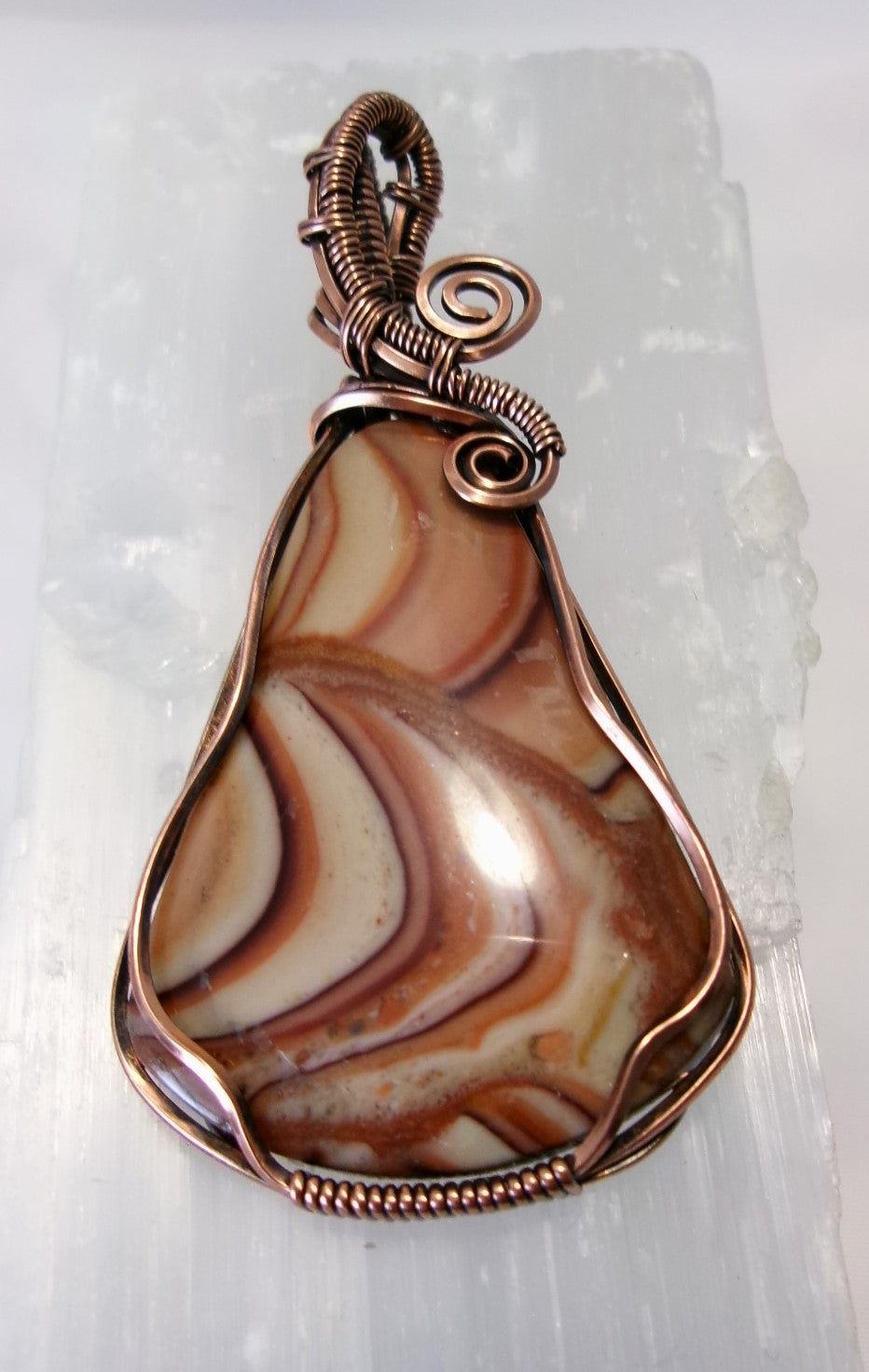 Biggs Picture Jasper gemstone copper wire wrapped crystal pendant with woven detail