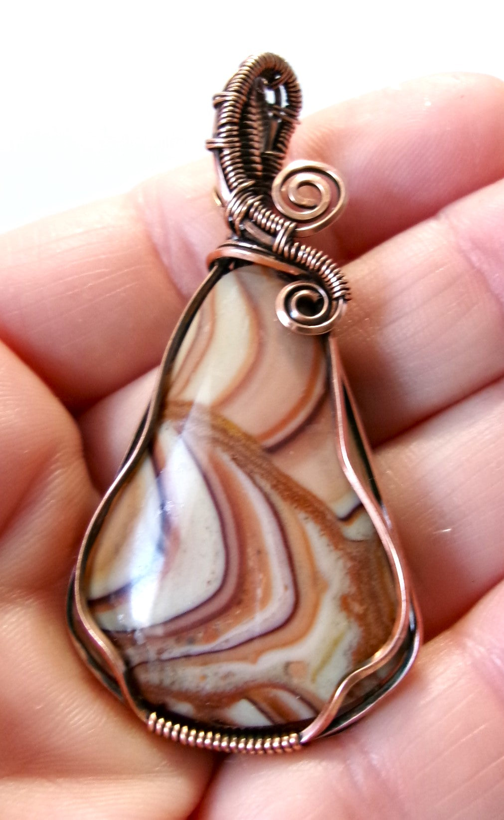 Biggs Picture Jasper gemstone copper wire wrapped crystal pendant with woven detail
