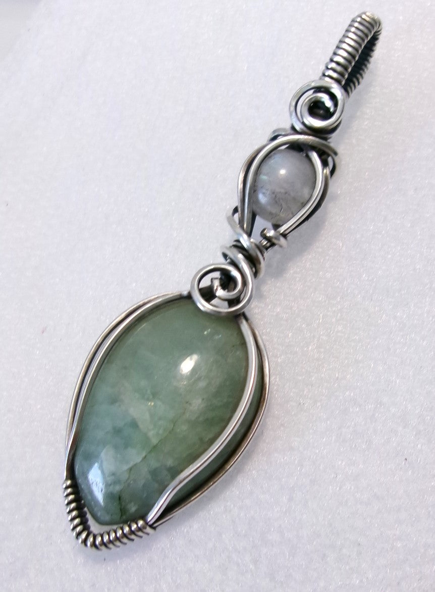 Aquamarine and rainbow moonstone double gemstone sterling silver wire wrapped crystal pendant