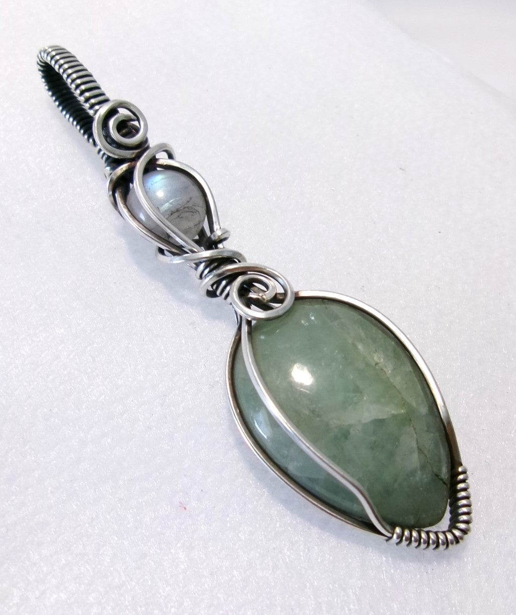 Aquamarine and rainbow moonstone double gemstone sterling silver wire wrapped crystal pendant