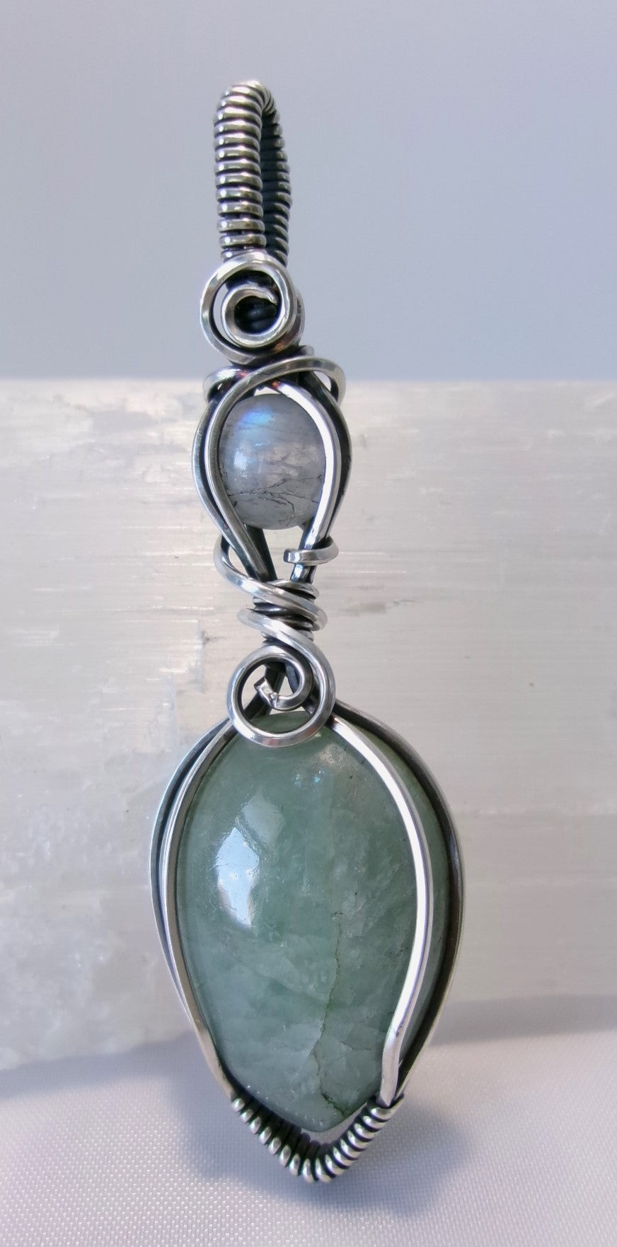 Aquamarine and rainbow moonstone double gemstone sterling silver wire wrapped crystal pendant