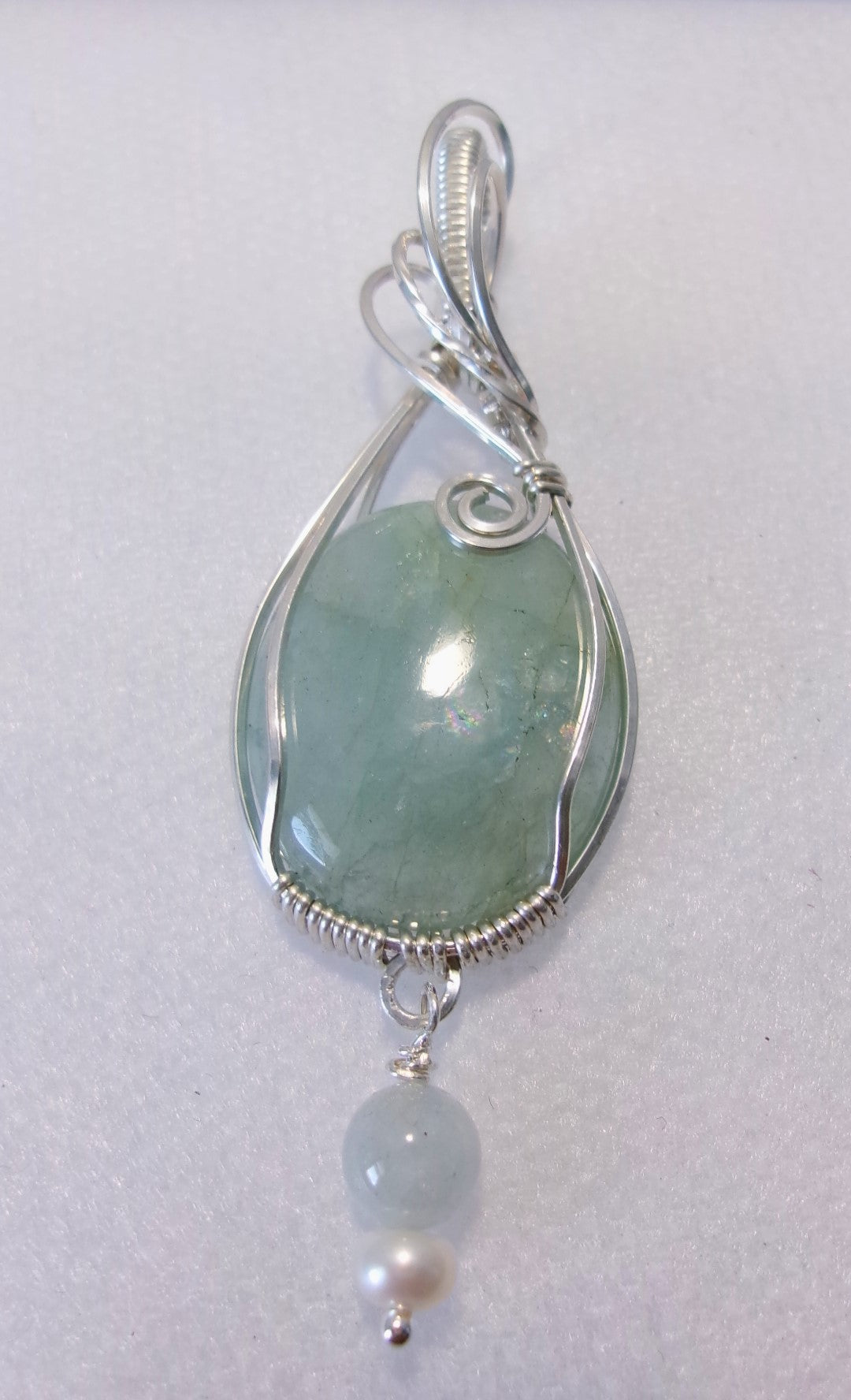 Aquamarine gemstone sterling silver wire wrapped crystal pendant with a green angelite and freshwater pearl dangle