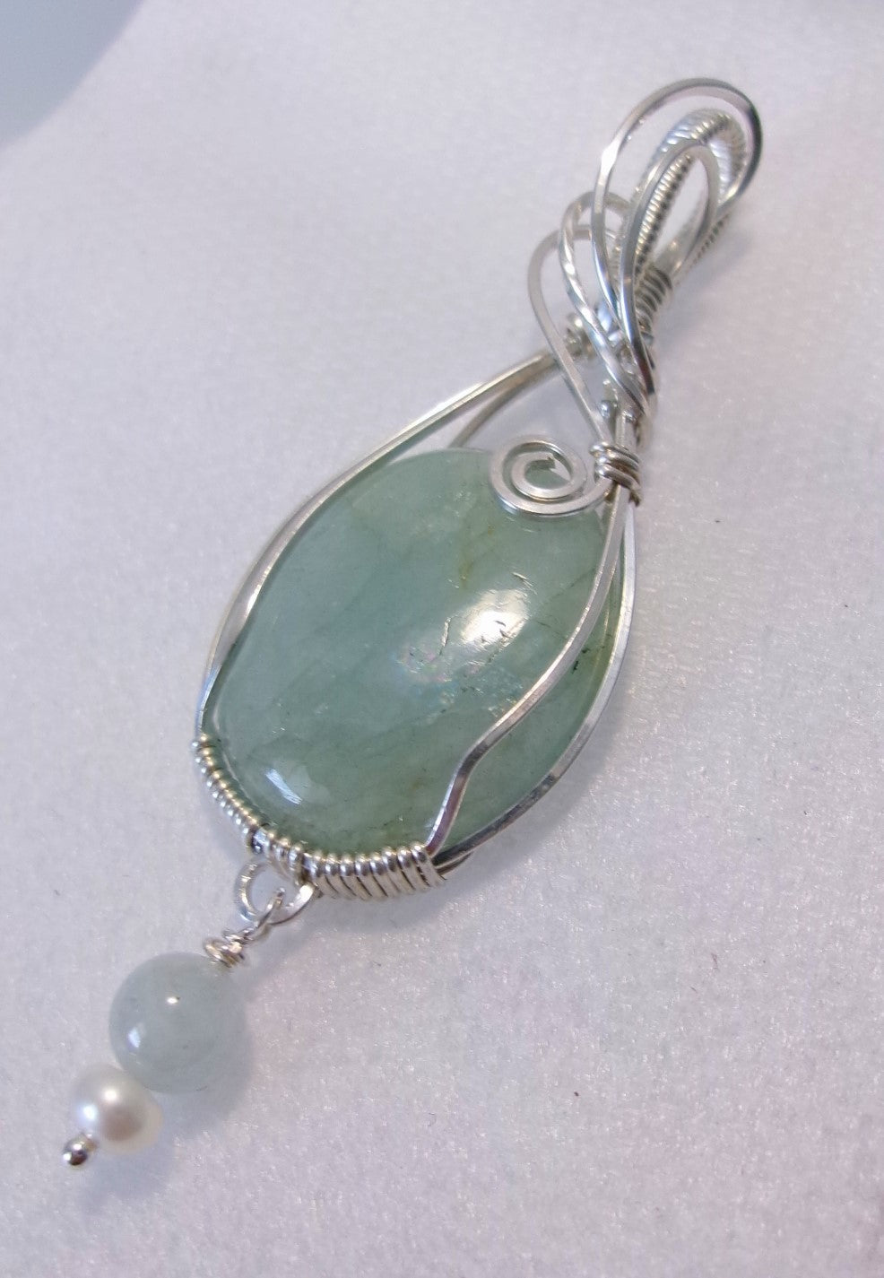 Aquamarine gemstone sterling silver wire wrapped crystal pendant with a green angelite and freshwater pearl dangle