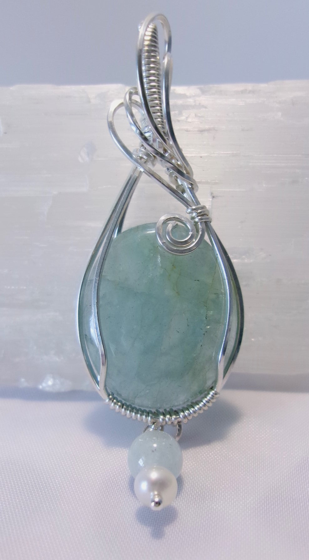Aquamarine gemstone sterling silver wire wrapped crystal pendant with a green angelite and freshwater pearl dangle