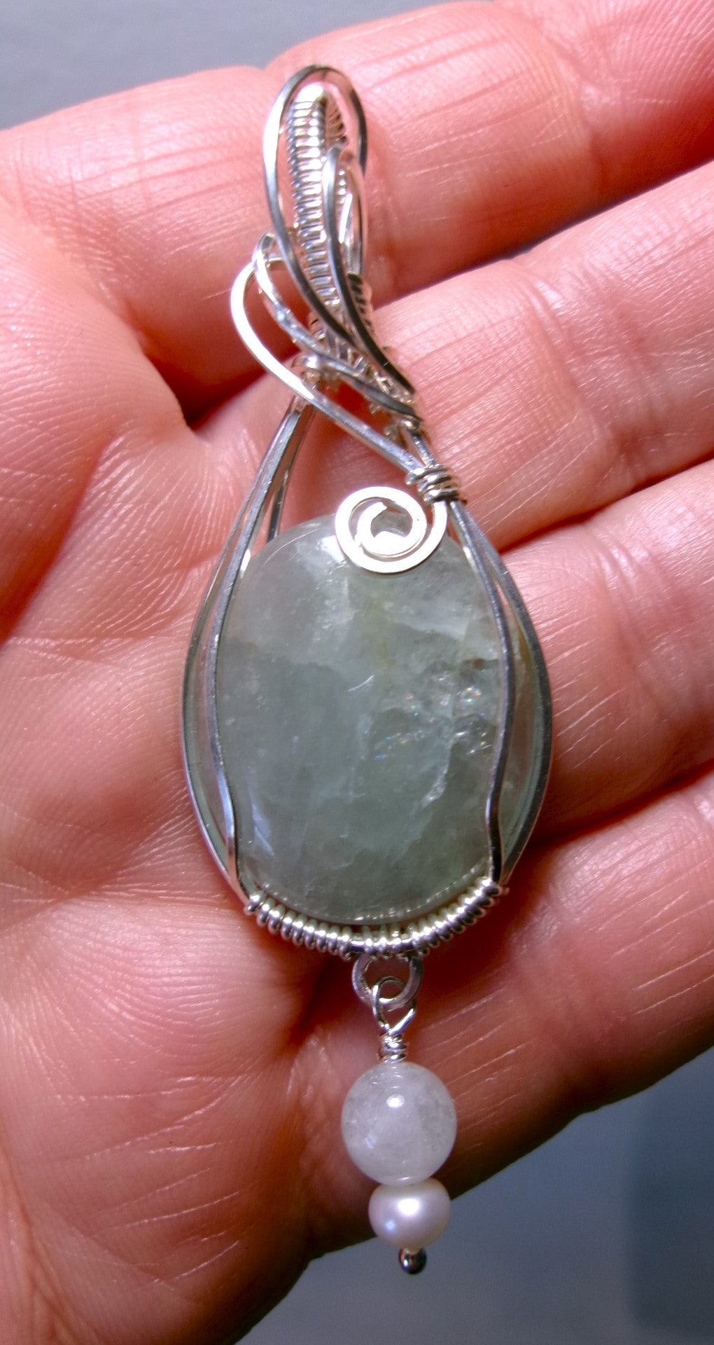 Aquamarine gemstone sterling silver wire wrapped crystal pendant with a green angelite and freshwater pearl dangle
