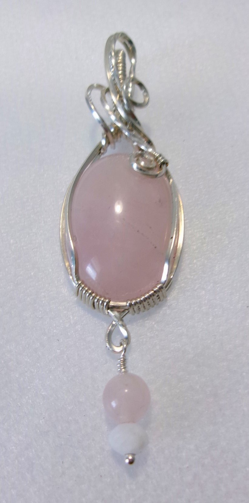 Rose Quartz gemstone sterling silver wire wrapped crystal pendant with rose quartz and moonstone bead dangle