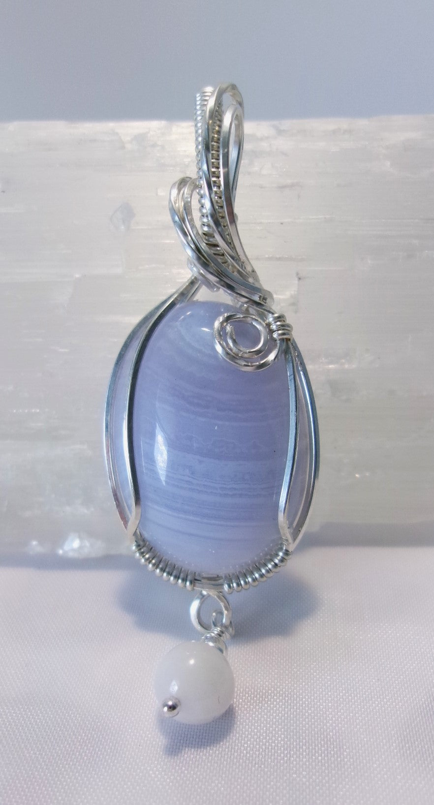 Blue Lace Agate gemstone sterling silver wire wrapped crystal pendant with a snow quartz and sterling silver bead dangle