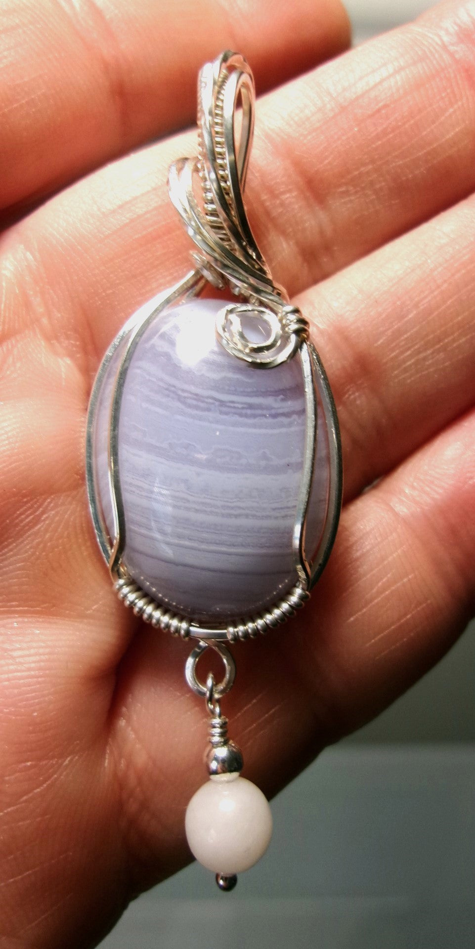 Blue Lace Agate gemstone sterling silver wire wrapped crystal pendant with a snow quartz and sterling silver bead dangle