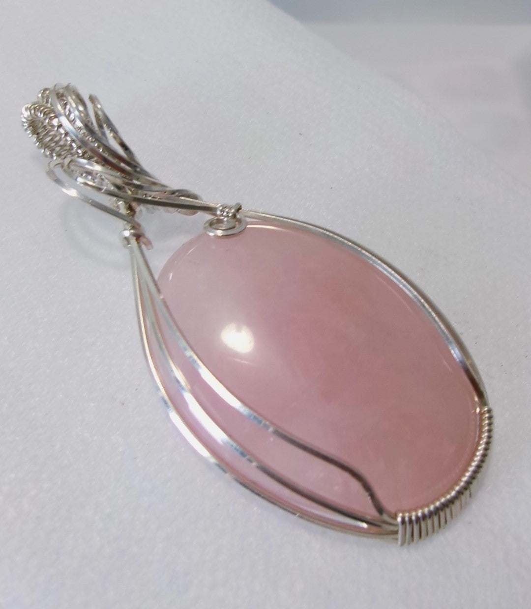 Rose Quartz gemstone sterling silver wire wrapped crystal pendant