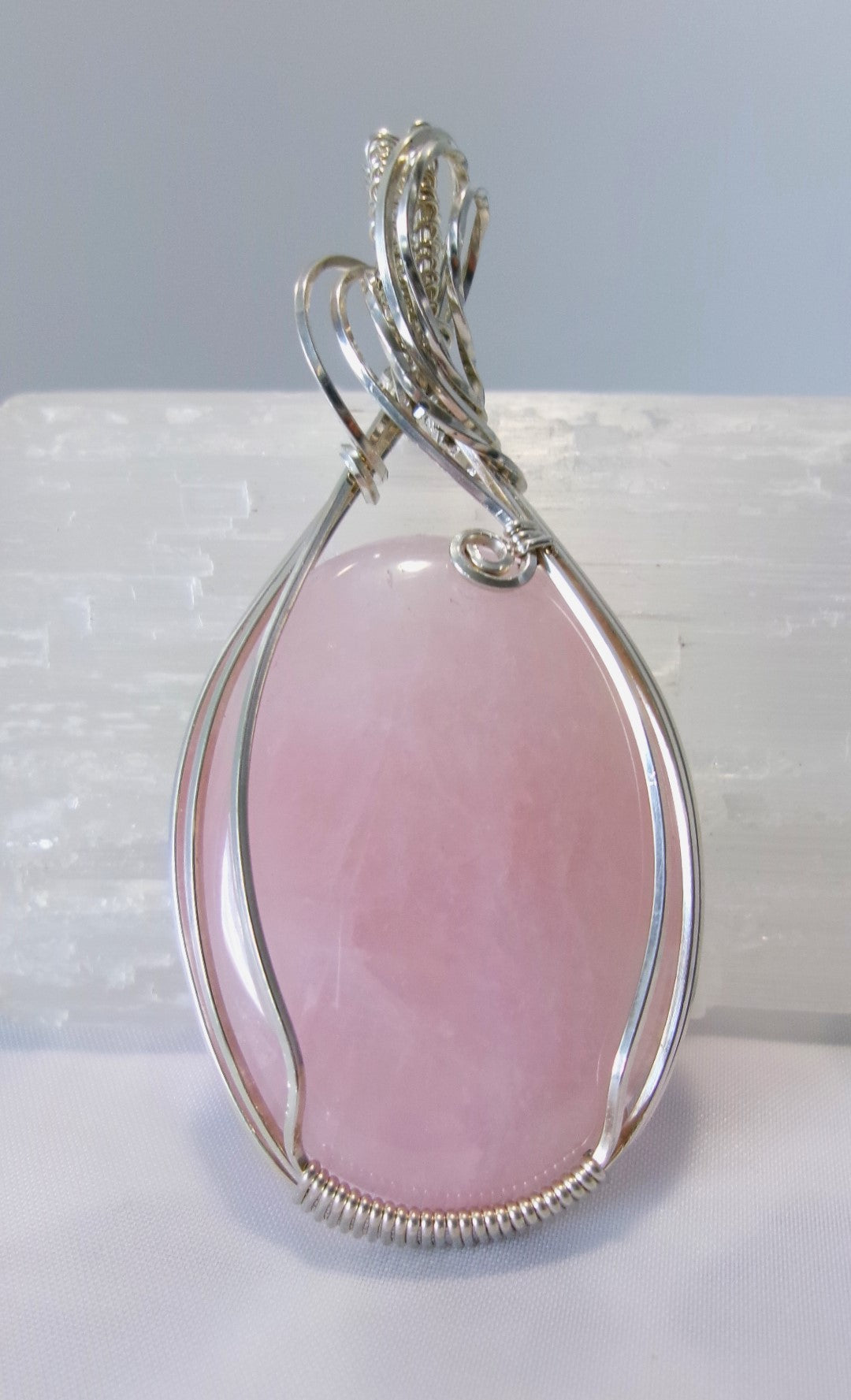 Rose Quartz gemstone sterling silver wire wrapped crystal pendant