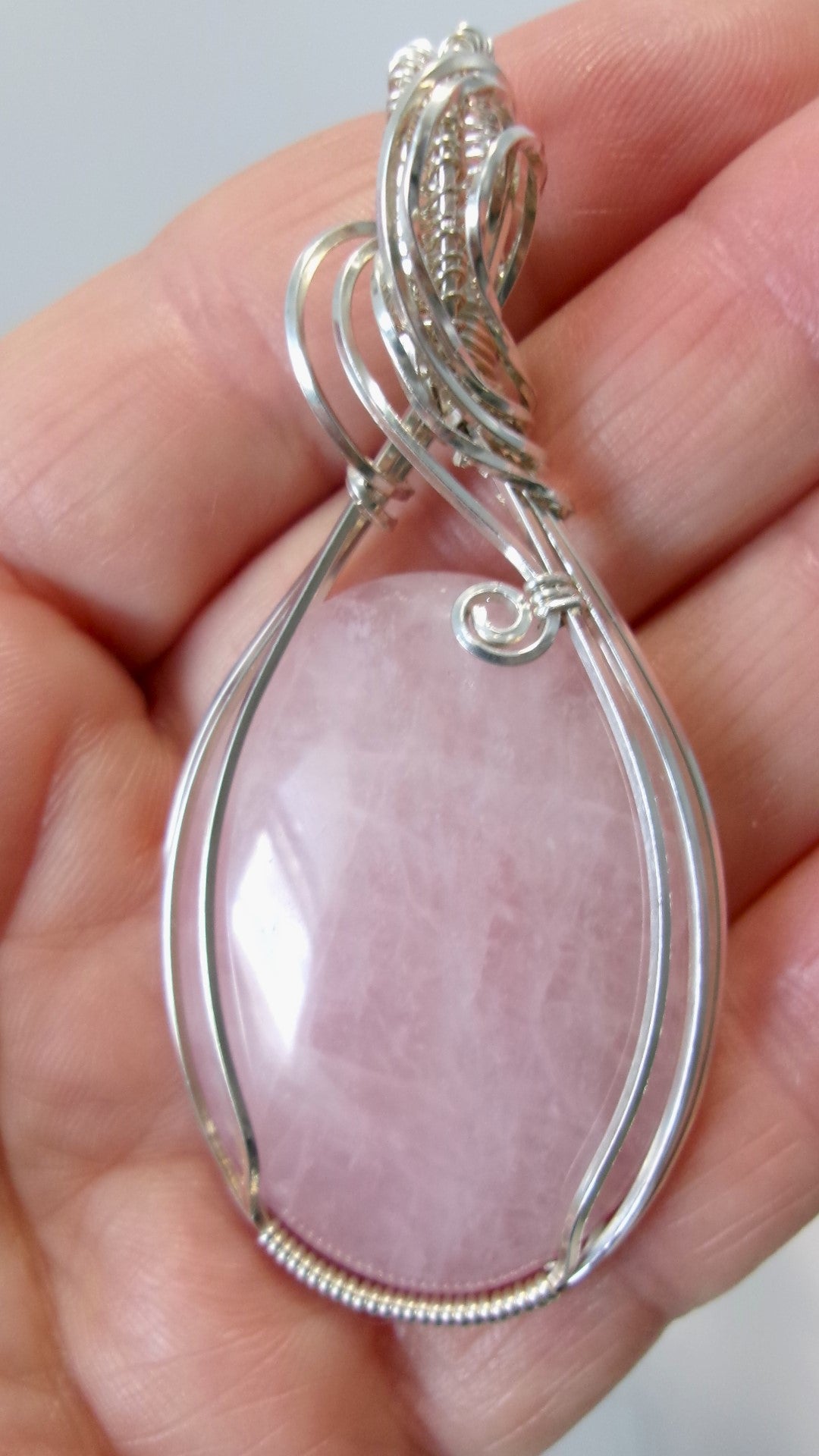 Rose Quartz gemstone sterling silver wire wrapped crystal pendant