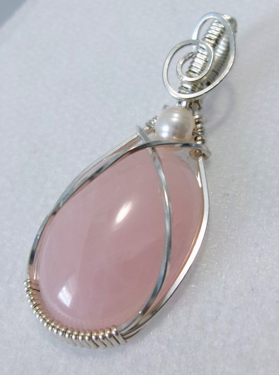 Rose Quartz gemstone sterling silver wire wrapped crystal pendant with freshwater pearl accent bead