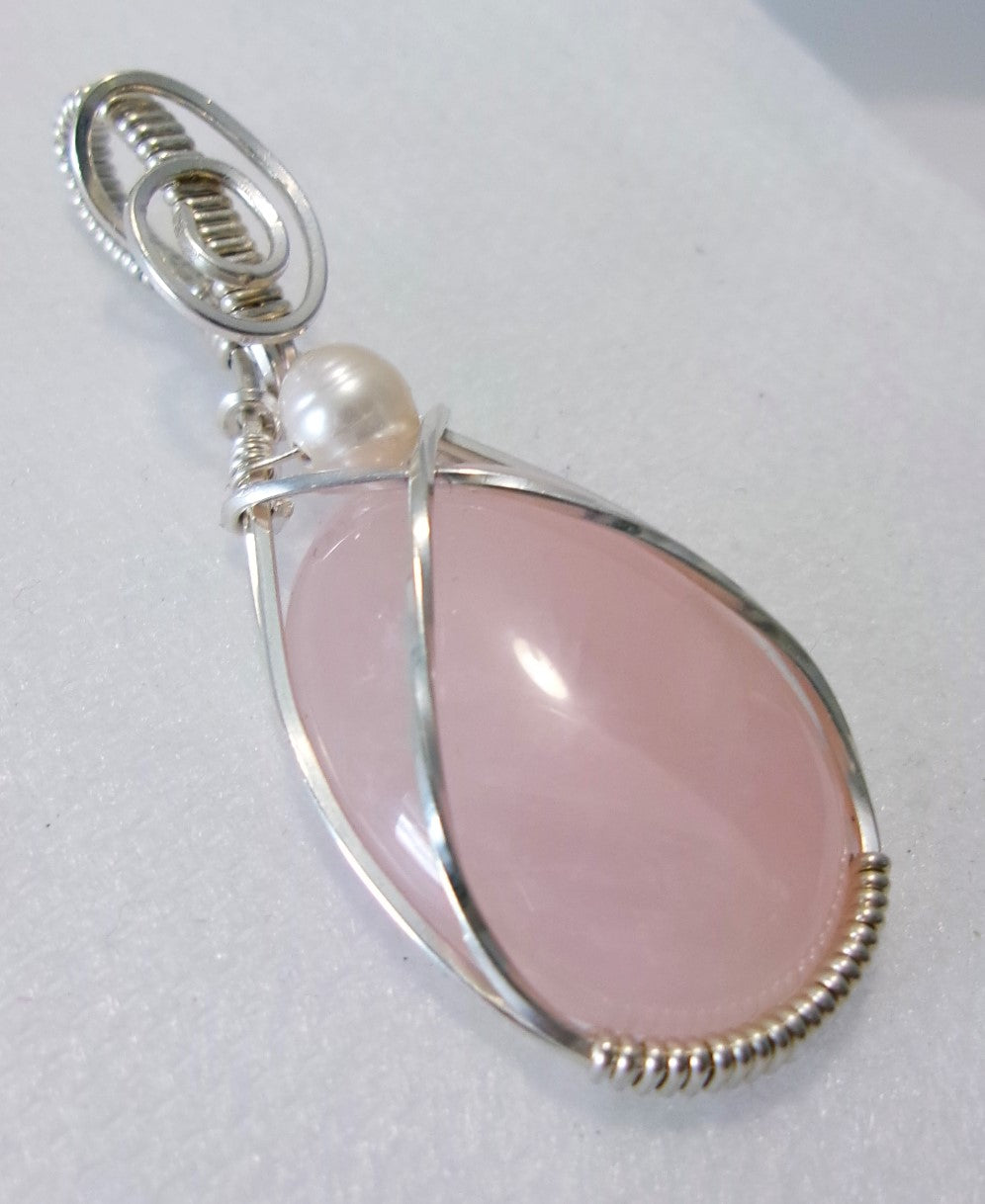 Rose Quartz gemstone sterling silver wire wrapped crystal pendant with freshwater pearl accent bead