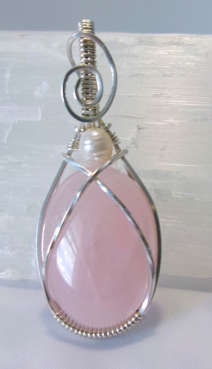 Rose Quartz gemstone sterling silver wire wrapped crystal pendant with freshwater pearl accent bead