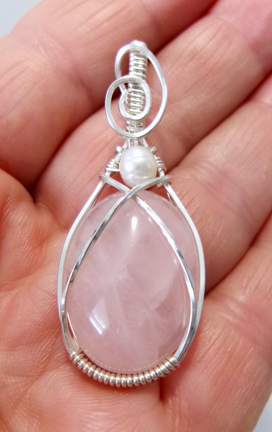 Rose Quartz gemstone sterling silver wire wrapped crystal pendant with freshwater pearl accent bead