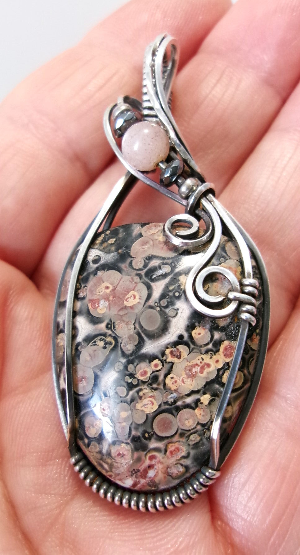 Leopard Skin Jasper gemstone sterling silver wire wrapped crystal pendant with pink agate, hematite, and silver accent beads