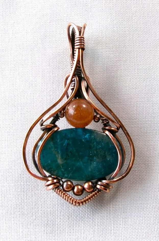 Blue Apatite gemstone copper wire wrapped crystal pendant with sunstone and copper accent beads