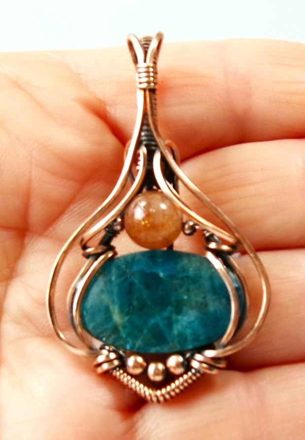 Blue Apatite gemstone copper wire wrapped crystal pendant with sunstone and copper accent beads