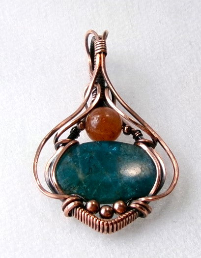 Blue Apatite gemstone copper wire wrapped crystal pendant with sunstone and copper accent beads