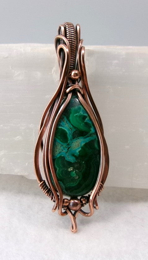 Chrysocolla-Malachite gemstone copper wire wrapped crystal pendant with copper accent beads