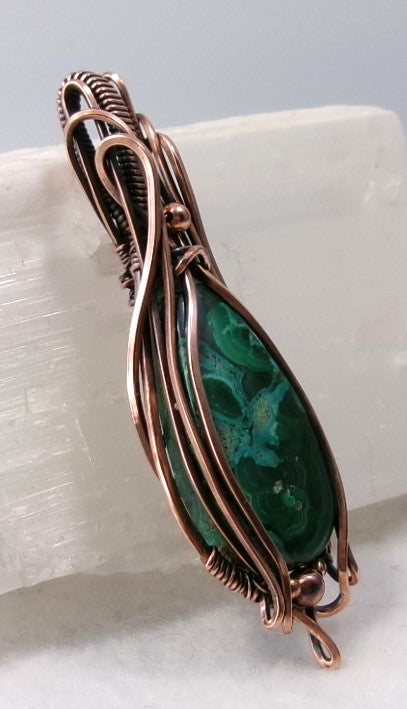 Chrysocolla-Malachite gemstone copper wire wrapped crystal pendant with copper accent beads