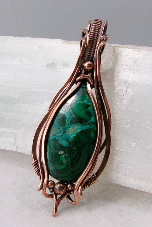Chrysocolla-Malachite gemstone copper wire wrapped crystal pendant with copper accent beads