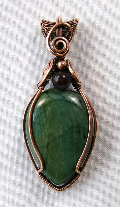 Gary Green Jasper gemstone copper wire wrapped crystal pendant with amethyst and copper accent beads