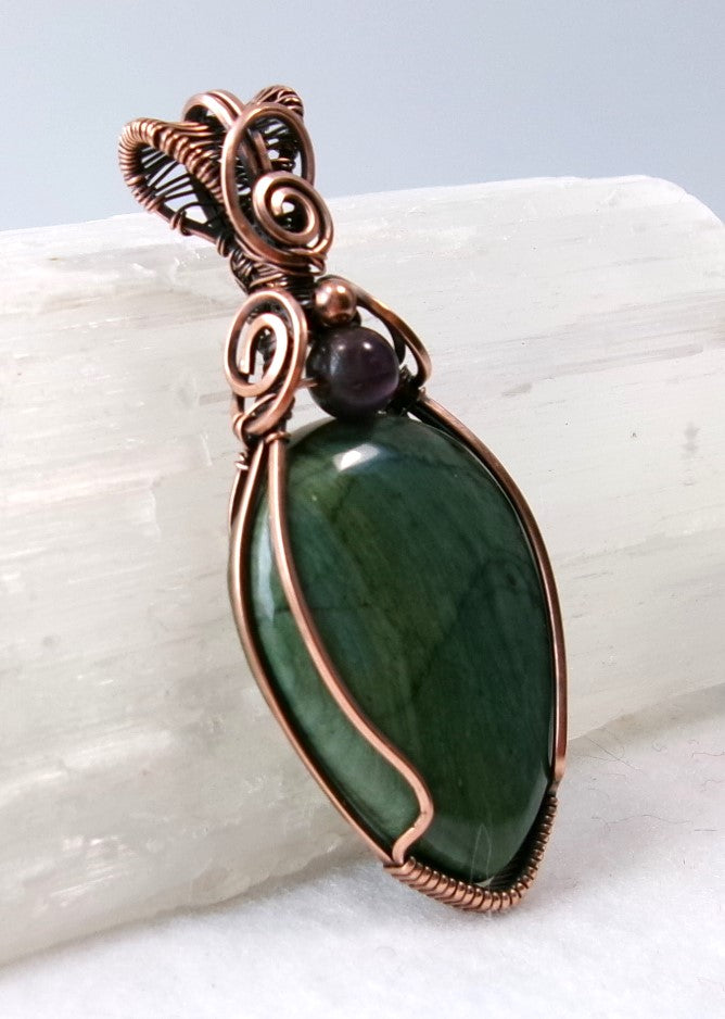 Gary Green Jasper gemstone copper wire wrapped crystal pendant with amethyst and copper accent beads