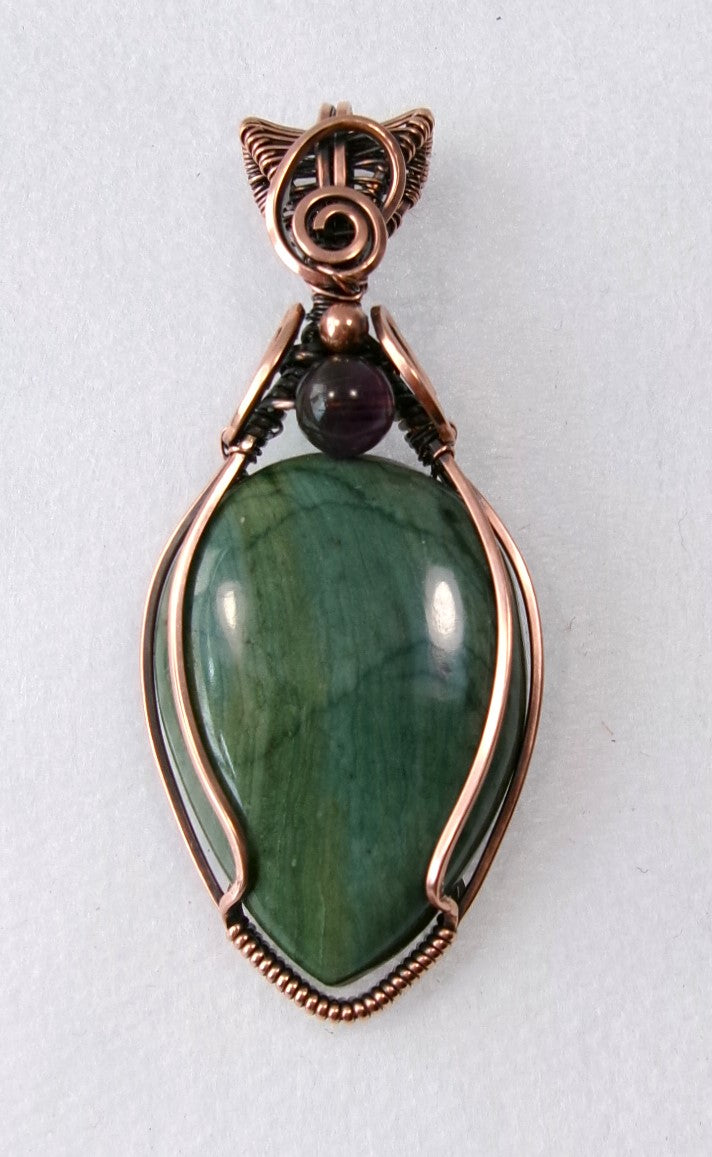Gary Green Jasper gemstone copper wire wrapped crystal pendant with amethyst and copper accent beads