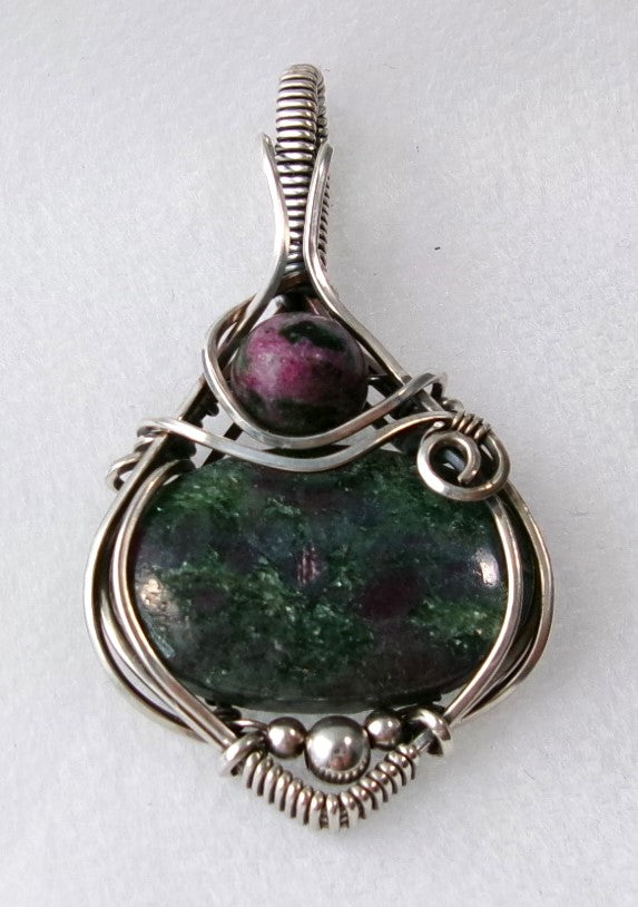Ruby in Fuchsite gemstone sterling silver wire wrapped crystal pendant with ruby in zoisite and sterling silver accent beads