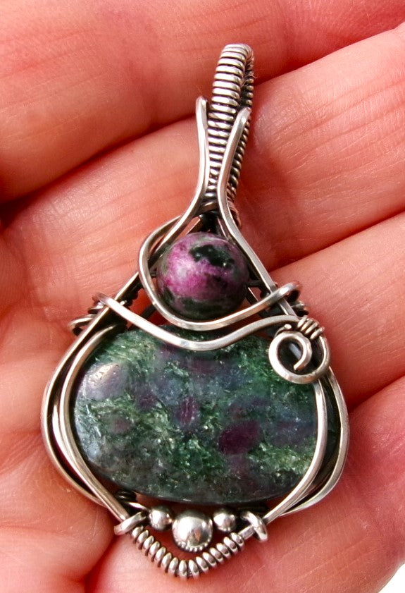 Ruby in Fuchsite gemstone sterling silver wire wrapped crystal pendant with ruby in zoisite and sterling silver accent beads