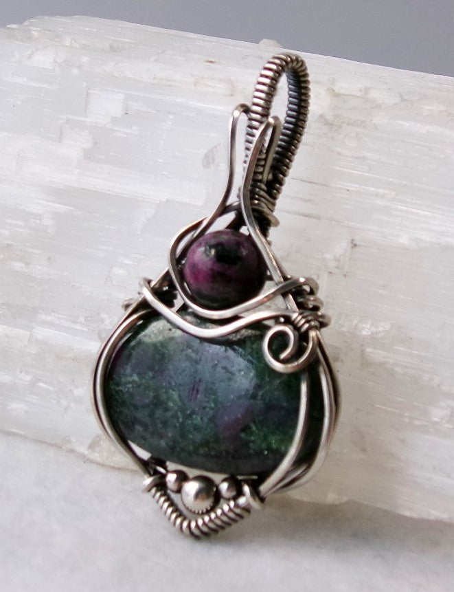 Ruby in Fuchsite gemstone sterling silver wire wrapped crystal pendant with ruby in zoisite and sterling silver accent beads