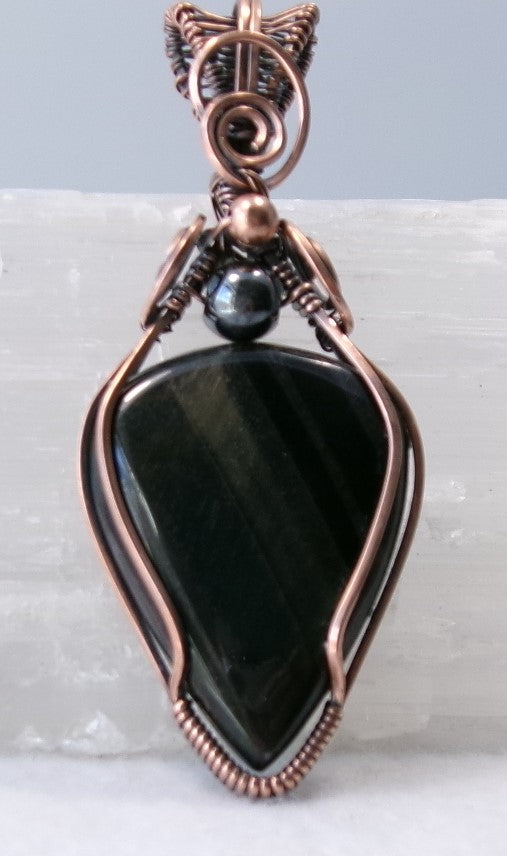 Black Tiger Eye gemstone copper wire wrapped crystal pendant with hematite and copper accent beads