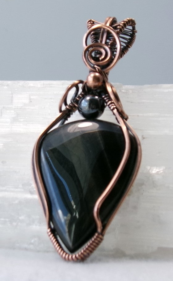 Black Tiger Eye gemstone copper wire wrapped crystal pendant with hematite and copper accent beads