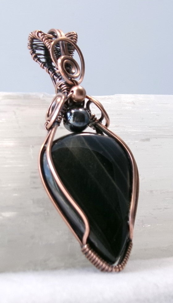 Black Tiger Eye gemstone copper wire wrapped crystal pendant with hematite and copper accent beads