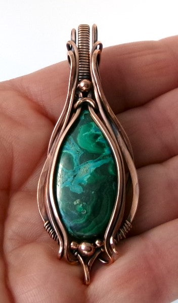Chrysocolla-Malachite gemstone copper wire wrapped crystal pendant with copper accent beads