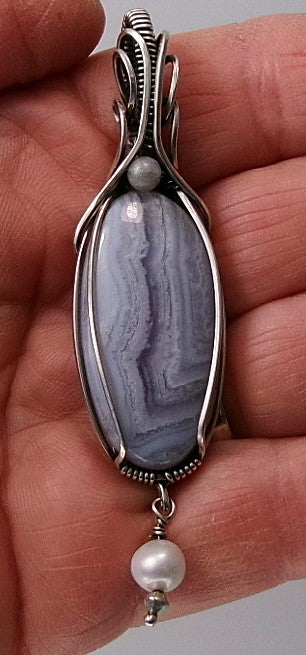 Blue lace agate gemstone sterling silver wire wrapped crystal pendant with snow quartz accent bead and freshwater pearl dangle