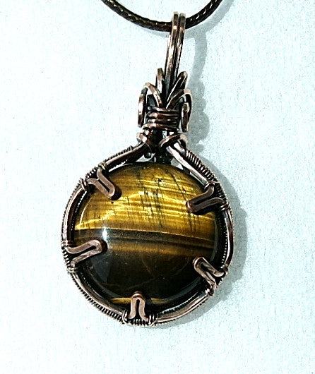 Tiger’s Eye gemstone copper wire wrapped crystal pendant