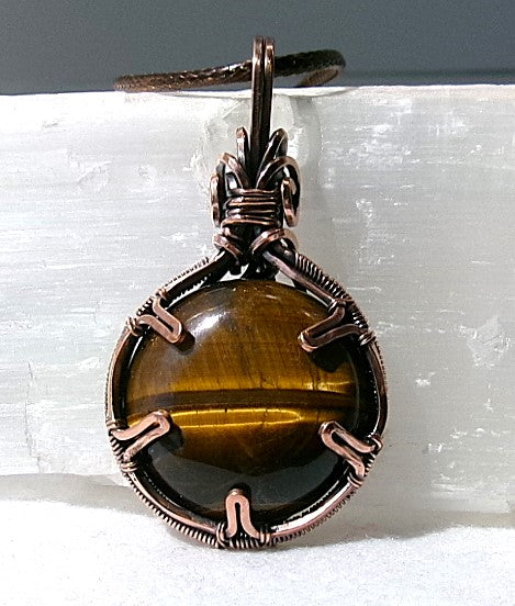 Tiger’s Eye gemstone copper wire wrapped crystal pendant