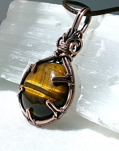 Tiger’s Eye gemstone copper wire wrapped crystal pendant