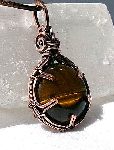 Tiger’s Eye gemstone copper wire wrapped crystal pendant
