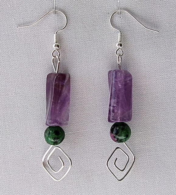 Amethyst triangle twist bead silver filled wire earrings with ruby zoisite bead and a funky square spiral
