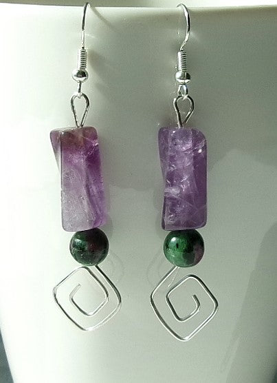 Amethyst triangle twist bead silver filled wire earrings with ruby zoisite bead and a funky square spiral