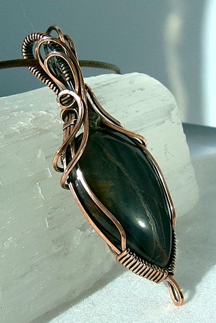 Blue Tiger’s Eye gemstone copper wire wrapped crystal pendant with pyrite accent bead