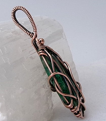 Chrysocolla gemstone copper wire wrapped crystal pendant with copper accent bead