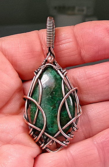 Chrysocolla gemstone copper wire wrapped crystal pendant with copper accent bead